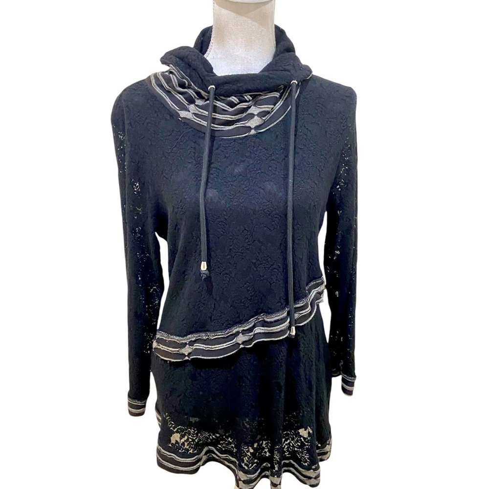 Papa black lace asymmetric hem lined stand up collar with tie trim size large